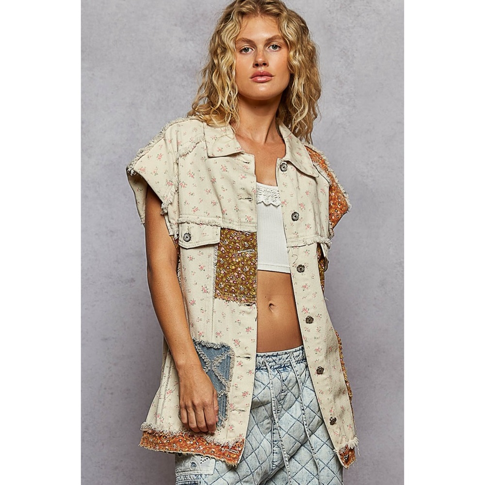POL Cream Floral Patchwork Denim Vest | Long Mixed Fabric Boho Vest